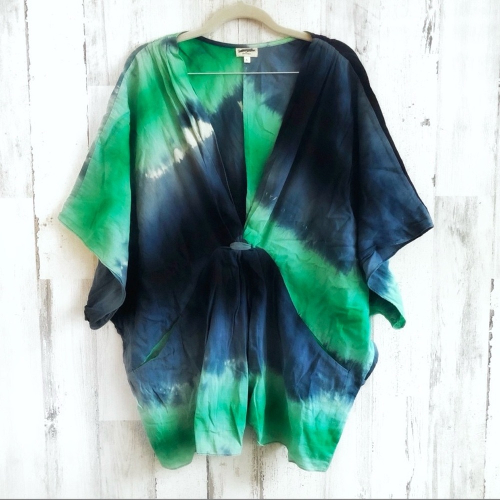 Brette Sandler Green Blue Tie Dye Boho Kaftan Tunic Top Size L